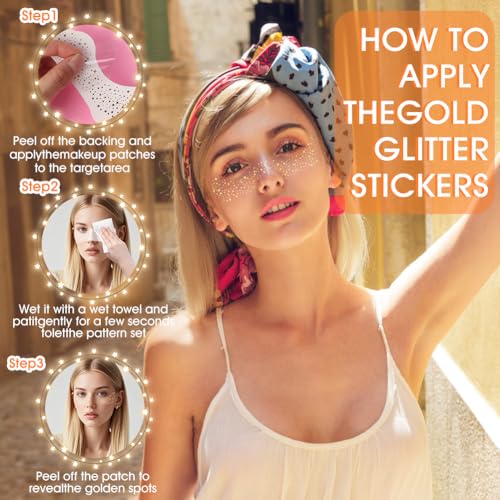 Face Glitter Freckles, Glow Up Makeup Patches for Face, 10pcs Gold Sparkle Freckles, Face Glitter Makeup Speckles, Glitter Makeup Accessories for Women, Faux Glitter Freckles Face Tattoo (Golden Star)