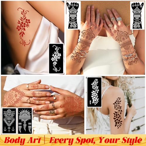 Temporary Tattoo Stencil Kit 10 Sheets (7 Large Hand & Half Arm), 6 Pcs 3 Color Cones (Black/Brown/Cherry Red),Temporary Tattoos for Adults Kids Men Women,DIY Body Art with Stencils