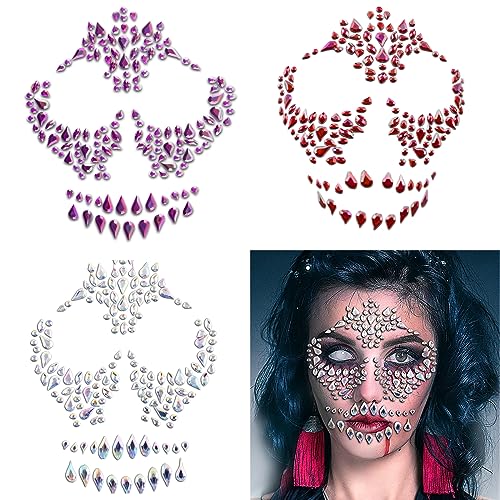 3Pack Sugar Skull Face Rhinestone Stickers for Makeup Halloween Self-Adhesive Temporary Stickers Day of the Dead Face Temporary Tattoo Skeleton Face Gems for Halloween Party Festival Accessory