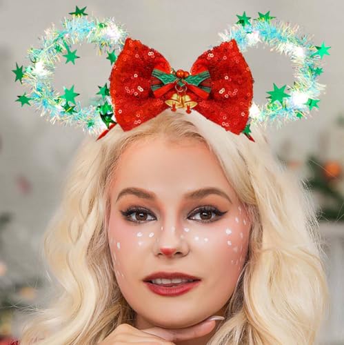 Catery Christmas Mouse Ears Headband Light up Headbands Mouse Ears Bow Hair Band Holiday Hair Accessories for Women Girls