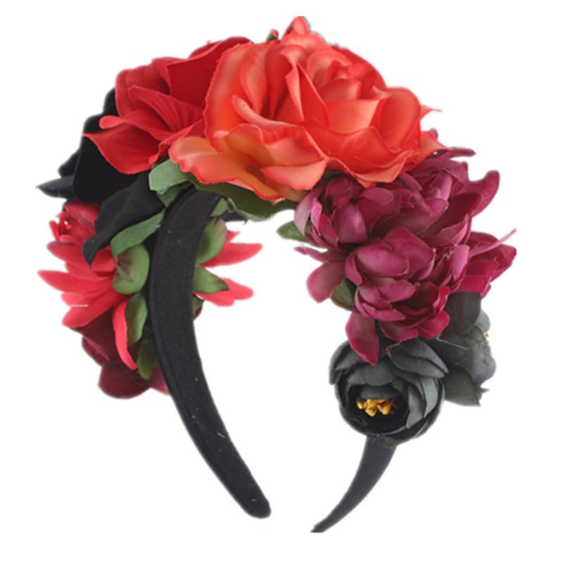 June Bloomy Day of the Dead Headpiece Halloween Costume Headpiece Mexican Floral Crown Rose Headband (Black Red Orange)