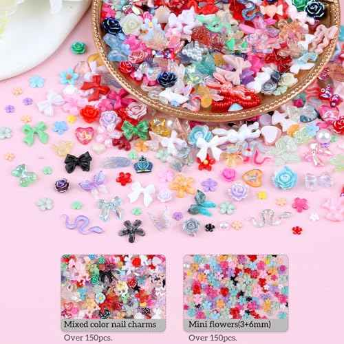 300 Pieces 3D Mix Assorted Resin Nail Charms Hollow Pearl Heart Nail Art Charms Gems Gummy Bear Star Heart Flowers Acrylic Beads
