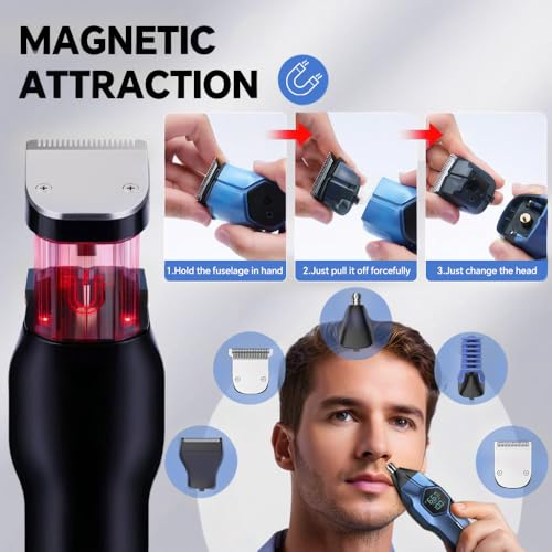 5-in-1 Electric Beard Trimmer Magnetic Replacement Heads, Professional Cordless Hair Clippers for Men Rechargeable, IPX7 Waterproof Grooming Kit for Face, Mustache, Body, Nose, Gifts for Men (Blue)