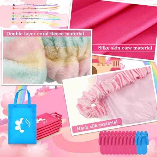 Suhine 6 Sets Girls Spa Birthady Party Supplies Birthday Print Satin Robe Tote Bags Spa Kit Nail Salon Kit(Blue, Rose Red)