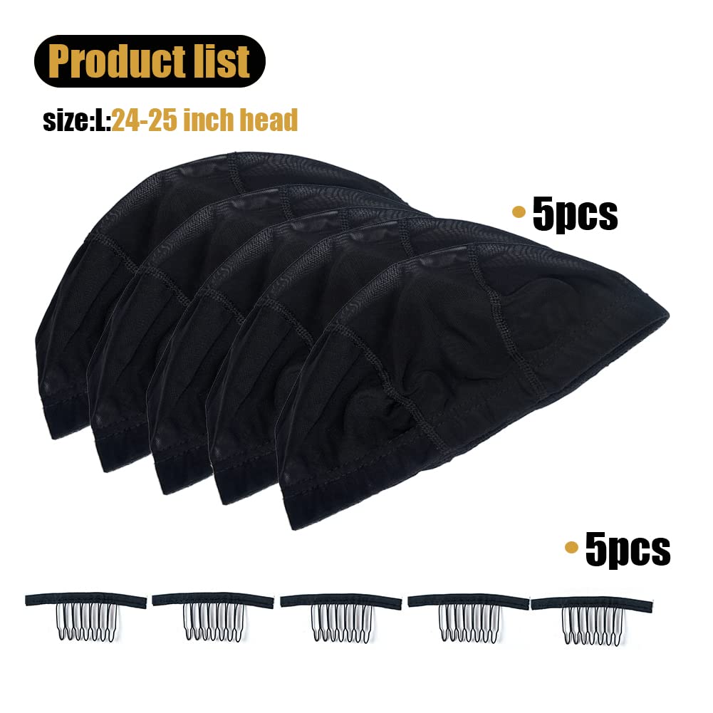 HIGHSHION 5pcs Spandex Mesh Dome Wig Cap for Making Wig, Stretchable Hair net and Elastic Dome Mesh Cap，Dome caps for Men Women Black(5pcs L)