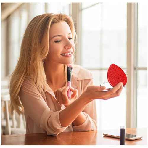 Red Heart Shaped Compact Mirror for Purse,1x/2x Magnification Cute Travel Mirror with Glitter,2.76 inch Double-Sided Mini Folding Mirror,Small Pocket Mirror for Gift,Travel Essentials