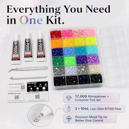 Worthofbest 17000Pcs 4mm Jelly AB Rhinestones Kit – 24 Colors + Mix Colors, 24 Grids Box, 3 B7000 Glue, Tools