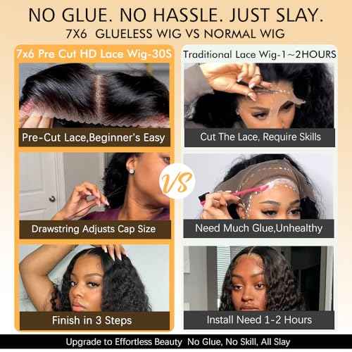7x6 Deep Wave Glueless Wigs Human Hair Pre Plucked Pre Cut 250% Density Drawstring Wig Human Hair Wear and Go Glueless Wigs for Black Women Natural Color #1B 26 Inch