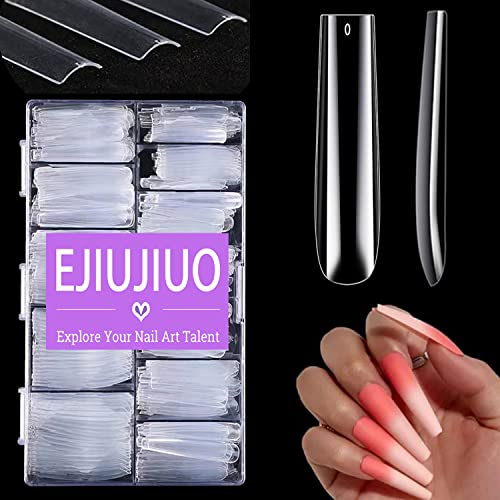 Upgrade 3XL No C Curve Coffin Nail Tips,EJIUJIUO 504 Pcs 2.2" Clear XXXL Extra Long Half Cover Nail Tips for Acrylic Nails,EJIUJIUO 3XL Non C Curve Flattened Ballerina Nail Tips with Case(12 Sizes)