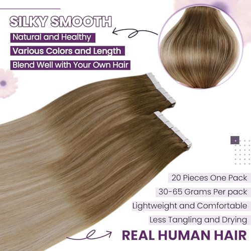 LaaVoo Tape in Hair Extensions Human Hair Ombre Light Brown to Ash Blonde Mix Platinum Blonde Balayage Hair Extensions Tape in Real Human Hair 16 inch Tape in Extensions Straight Thick Ends 20pcs/50g