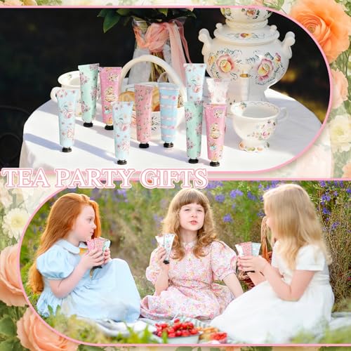 Tea Party Hand Cream Gift Set Wonderland Floral Tea Party Favor Flower Moisturizing Hand Lotion Bulk Dry Cracked Care Cream Teapot Favor Boxes Treat Gift Goodie for Baby Shower, 30 ml(48 Pcs)