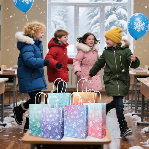12 Pack Colorful Snowflake Gift Bags with Handles