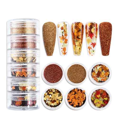 6-Grids Fall Maple Leaf Nail Art Glitter Sequins 3D Holographic Gold Orange Leaf Flakes Thanksgiving Supplies for Acrylic Nails Autumn DIY Decorations
