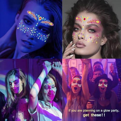 Glow in the Dark Face Tattoo Stickers - 8 Fluorescent Designs