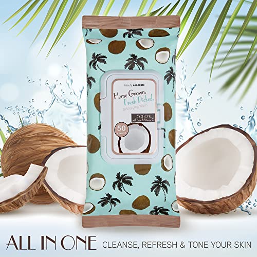 Coconut & Aloe Makeup Remover Wipes - Gentle Facial & Eye Cleansing, 50 Count - B.C. Beauty Concepts