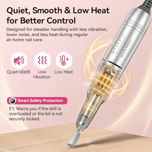Makartt Pink Cordless Nail Drill for Beginners - Safe, Adjustable RPM, Rechargeable E-File