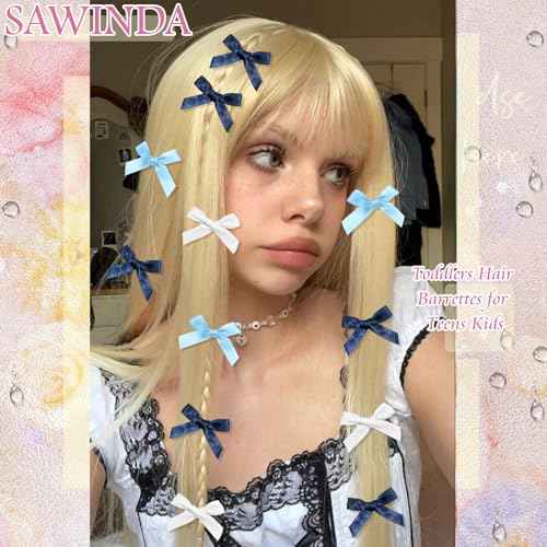 30PCS Navy Blue Mini Hair Bows Small Blue Bows for Hair Silky Satin Bows for Women Cute Hair Ribbon Bowknot Barrettes Sweet Alligator Hair Bow Clips Accessories for Teens and Girls