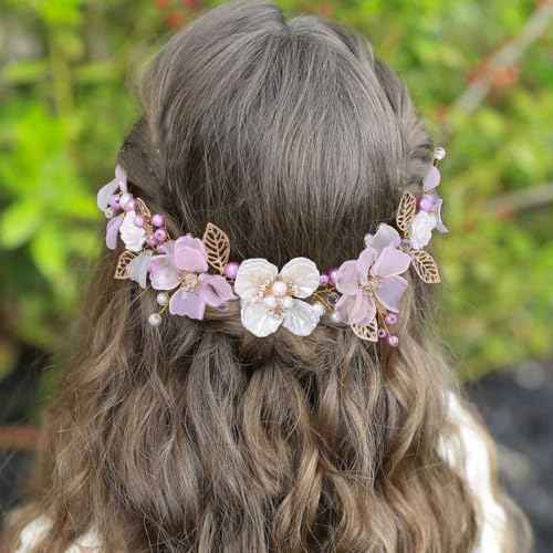 Campsis LED Flower Girl Headpiece, Purple Floral Crystal Light up Headband, Leaf Bridal Wedding Hair Accessories for Girls