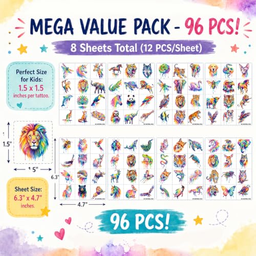 96 PCS Watercolor Animal Temporary Tattoos for Kids