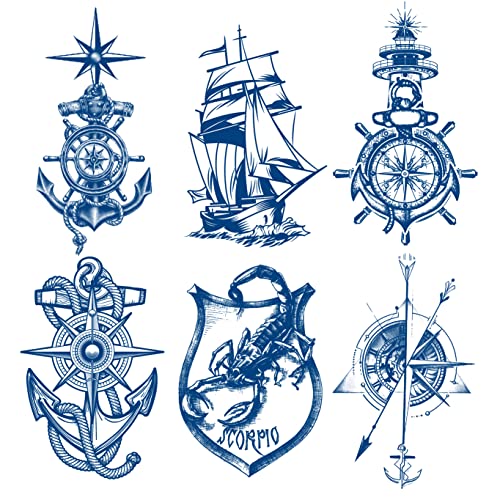 6 Sheets Semi Permanent Fake Waterproof Arm Temporary Tattoo Stickers Long Lasts 1-2 Weeks, Ship Boat Anchor Rope Compass Scorpion Lighthouse Sailor Sea Arrow Natural Fading