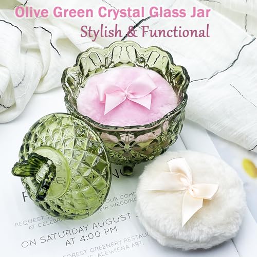 4" Glass Dusting Powder Container with 2 Fluffy Puffs,Cute 3.5" Soft Body Powder Puff and Jar Set(Butterfly-olive green)