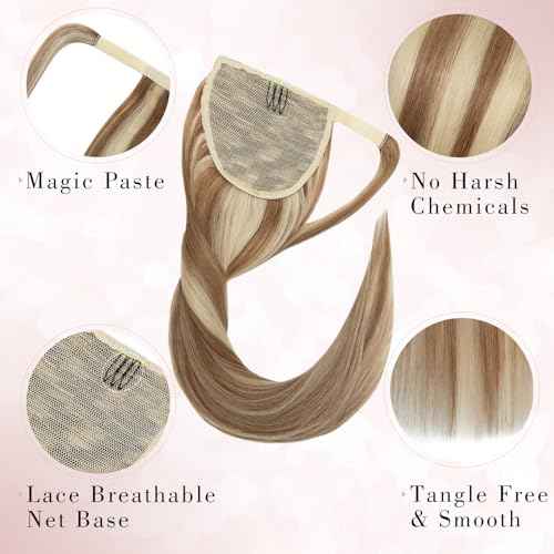 Ponytail Extensions Human Hair Long Ponytail Hair Extensions with Magic Paste Wrap Around Clip in Ponytail Extensions Real Human Hair,14inch #12P613 Golden Brown mixed Bleach Blonde,80g