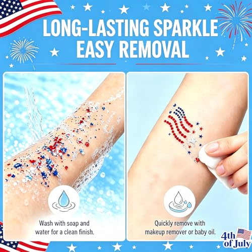 Patriotic Glitter Set - Red White Blue Glitter Stick & Face Tattoos