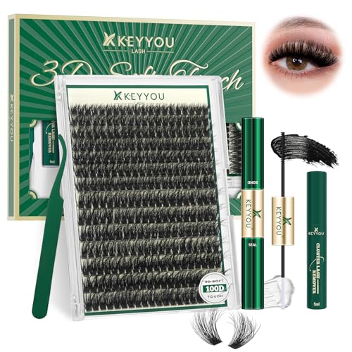 KEYYOU Lash Clusters Kit 3D Effect Eyelash Clusters Kit 280pcs 100D D Curl 9-18MIX Individual Lashes Wispy Lashes Volume Cluster Lashes Kit Natural Soft DIY Lash Extension(3D Kit-100D-D-9-18MIX)