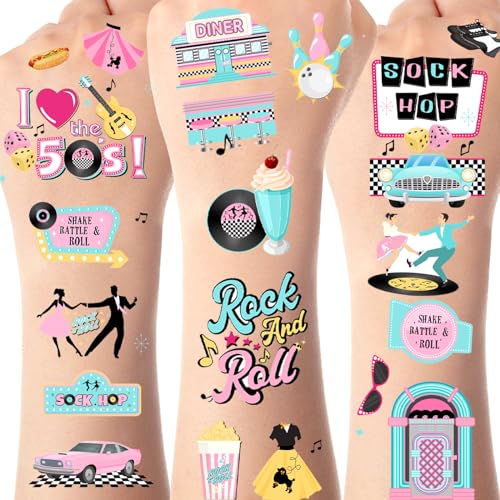 Serencatcher 144pcs 50's Theme Decorations Sock Hop Tattoos, 1950s Shake Rattle Rock and Roll Temporary Tattoos Stickers for Retro Props 50s Sock Hop Party Favors Theme Adult Birthday Party