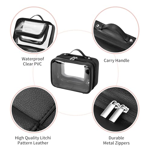 GRANNY SAYS TSA Approved Toiletry Bag, Clear Makeup Bag, Travel Toiletry Bag for Women, Leather Travel Cosmetic Bag, Portable PVC Waterproof Bag, Small Makeup Organizer, Black