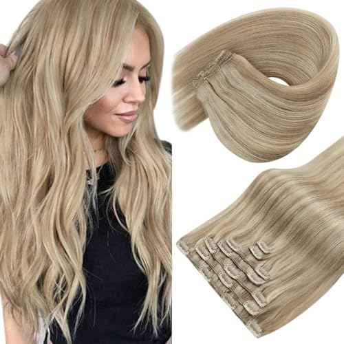 Sunny Hair Clip in Hair Extensions Straight Human Hair Clip in Extensions Remy Clip in Hair Extensions Real Human Hair Extensions Clip ins Golden Blonde Highlights Light Blonde 18inch