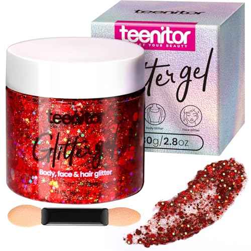 Teenitor Body Glitter, Red Body Glitter Gel, Hair Glitter, Face Glitter, 80g/2.8oz Red Glitter Gel for Face, Makeup, Hair, Eye