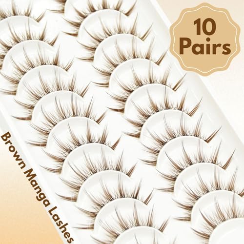 10 Pairs Brown False Lashes with Clear Band - Wispy Natural Look