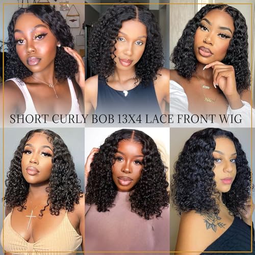 Short Curly Human Hair 180 Density Bob Wig Human Hair 13x4 Lace Front Wigs Human Hair For Black Women 100 Real Curly Human Hair Natural Black 12inch