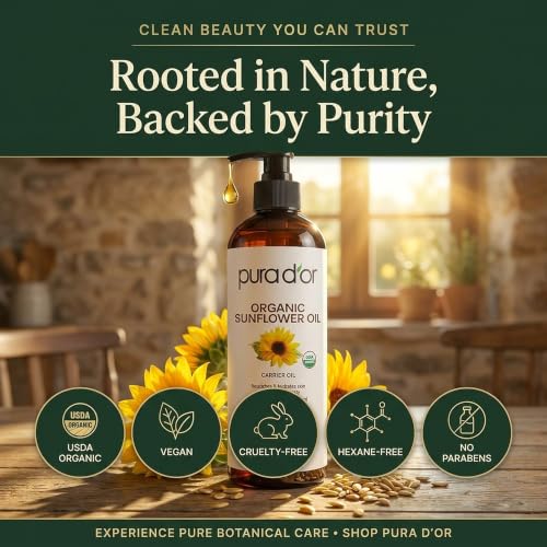PURA D'OR Organic Sunflower Seed Oil 16 oz - Cold Pressed