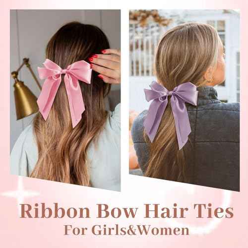 Yougeigy 6PCS Bow Hair Ties, Satin Hair Ribbon, Ribbon Hair Bows for Women Girls, Elastics Hair Scrunchies for Thick Thin Hair, Multicolor Hair Accessories