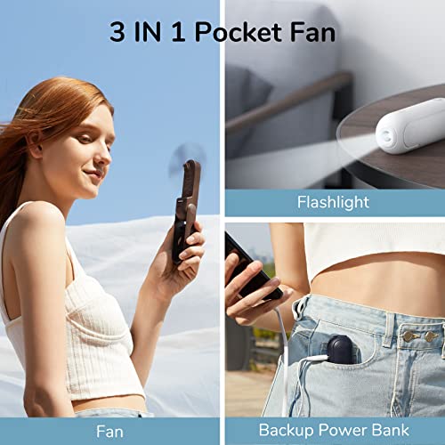 JISULIFE Handheld Mini Fan, 3 IN 1 Hand Fan, USB Rechargeable Small Pocket Fan [12-19 Working Hours] with Power Bank, Flashlight, Portable Fan for Travel/Summer/Concerts, Gifts for Women(Dark Blue)