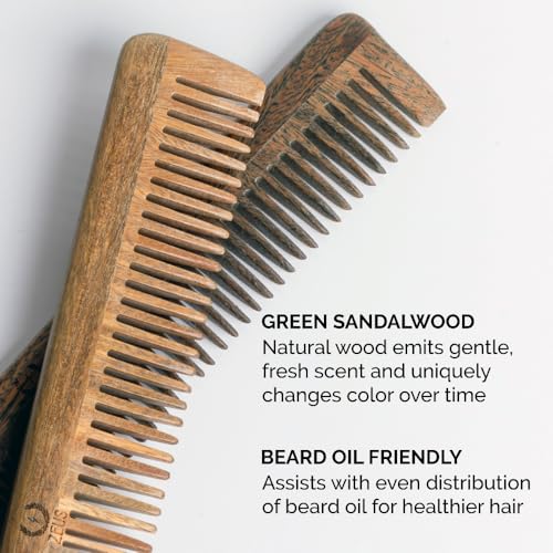 ZEUS Sandalwood Beard & Mustache Comb for Men with Leather Case, Handmade Anti-Static Saw-Cut Wood Comb for Grooming (L31)