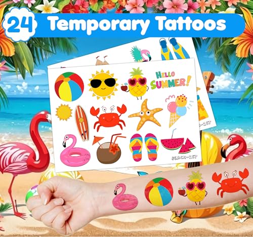 36PCS Beach Party Favors Set - 24 Temporary Tattoos & 12 Stamps