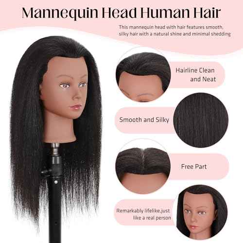 Mannequin Head Human Hair with Ttipod Stand, 100% Real Human Hair Mannequin Head for Braiding, Cosmetology Hair Mannequin Head for Hair Styling with Adjustable Stand Tripod