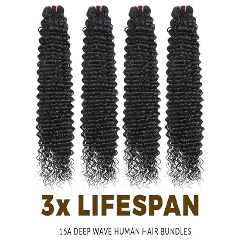 16A Deep Wave Human Hair Bundles - Brazilian Virgin Hair Extensions, Natural Black (20, 22, 24 Inch)