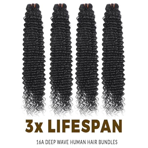 QPUCK Deep Wave Human Hair Bundles Natural Black 20/22/24 Inch - Soft & Long-lasting Virgin Brazilian Hair Extensions
