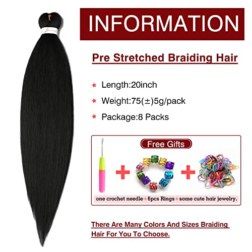 Pre Stretched Braiding Hair Natural Black - 20''8 Packs Braid Crochet Hair Hot Water Setting Professional Soft Yaki Texture (20inch,#1B)