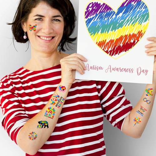 20 Sheets 172 Pcs World Autism Awareness Ribbon Temporary Tattoos Inspirational Autistic Tattoos for Inspirational Autism Awareness Accessories Fundraiser Event Party Decor