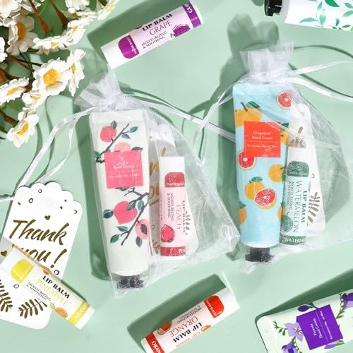 AZEN 50 Sets Bulk Gifts, Hand Cream and Lip Balm Bulk Set with Organza Bag Thank You Card, Baby Shower Wedding Gifts for Guests, Bridal Wedding Favors, Valentines Gift for Women