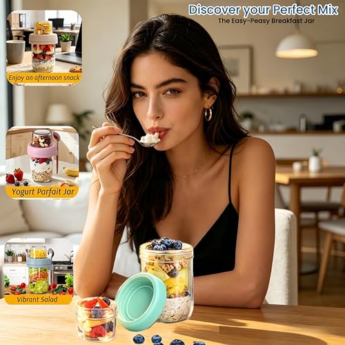 4 Pack Glass Overnight Oats Containers 20oz with Lids & Spoons