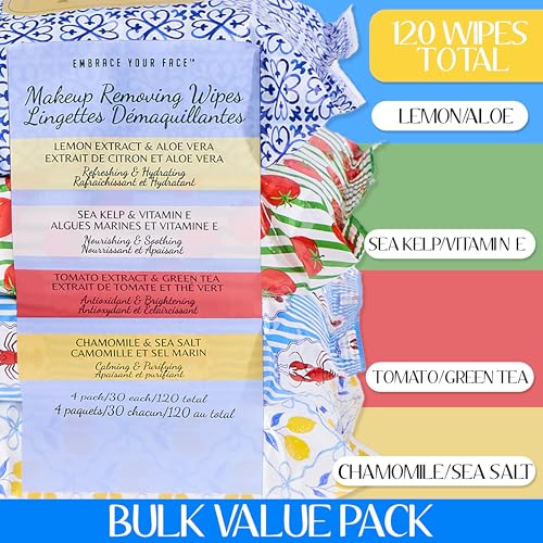 Coastal Makeup Remover Wipes Variety Pack – 4x30, 120 Count, Travel Friendly