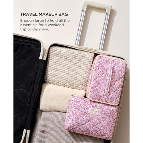 HBselect 2Pcs Travel Makeup Bag, Large Cotton Quilted Makeup Bag Cosmetic Bag Cute Make up Bag Toiletry Bags for Women Girls