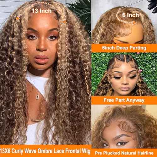 30 Inch Honey Blonde Curly Wig Human Hair Jerry Curly 200 Density 13x6 HD Lace Front Wigs Human Hair Pre Plucked Highlight Ombre HD Lace Frontal Wig 4/27 Curly Wigs For Black Women Wet And Wavy Wig