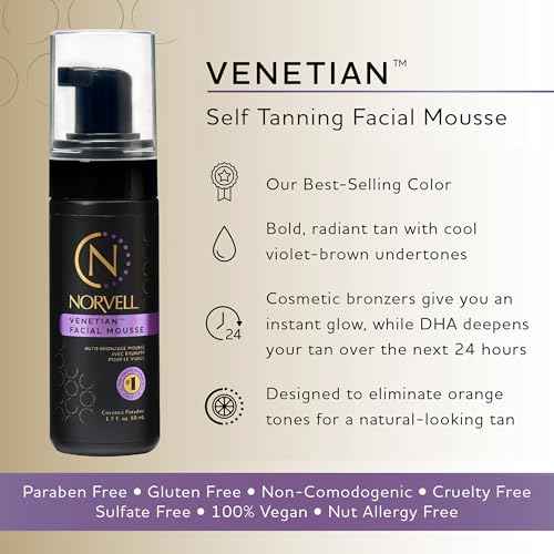 Norvell Venetian Sunless Facial Self Tanner Mousse with Bronzer 1.7 fl oz ? Instant Natural Looking Fake Tan, Anti Orange, Streak Free, Long Lasting Sunless Bronzing Glow